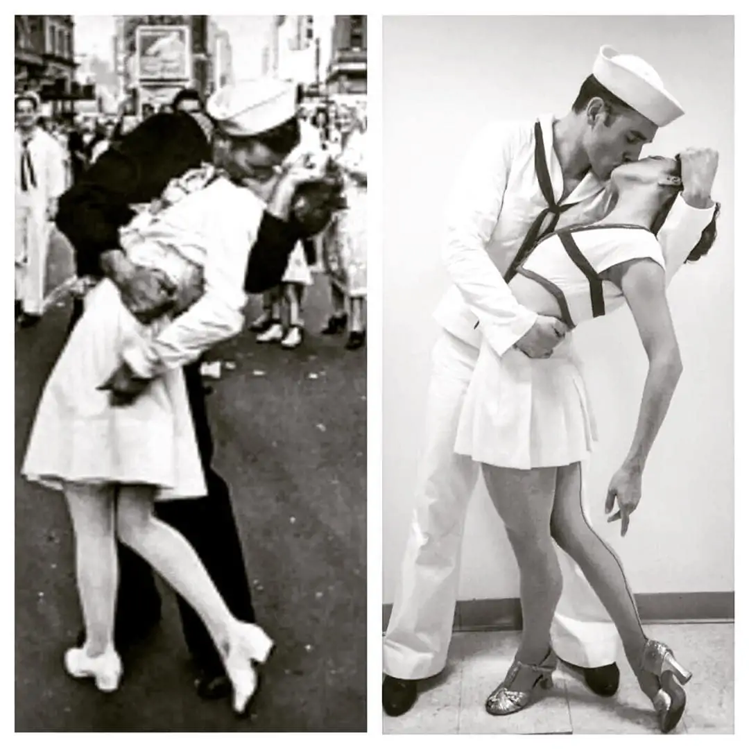 photo: the original sailor-kissing-girl photo, with reenactment by Georgina Pazcoguin and Tyler Hanes